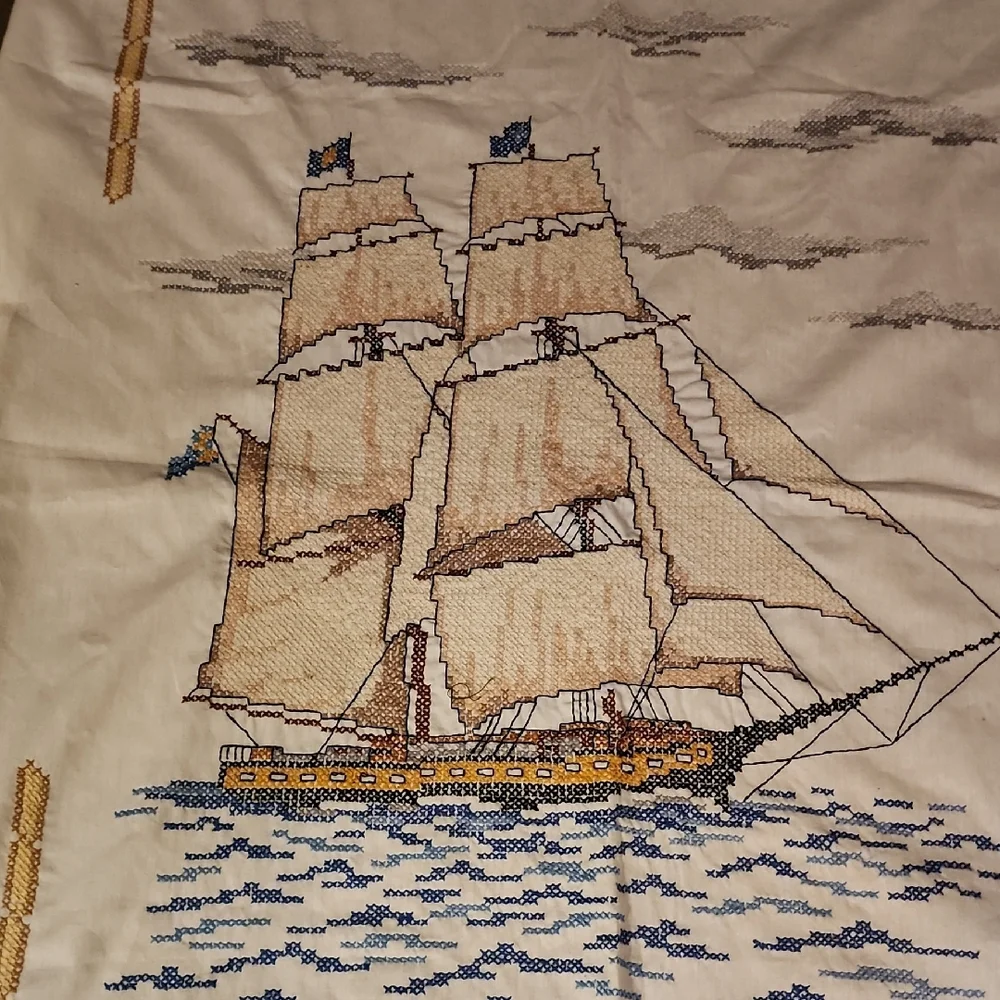 Nautical Embroidered Tapestry Counted Cross Stitch Ship 31x41 White Background